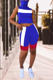 Blue Casual Color Block Patchwork Turtleneck Sleeveless Two Pieces