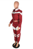 Wine Red Casual Sportswear Patchwork Basic Zipper Collar Long Sleeve Two Pieces