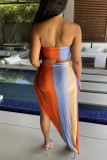 Multicolor Fashion Sexy Print Backless Asymmetrical Strapless Sleeveless Two Pieces