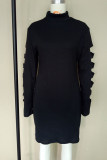 Black Casual O Neck HOLLOWED OUT Burn-out Solid Stitching Plus Size Dresses