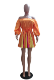 Tangerine Red Sexy Solid Patchwork Bateau Neck Pleated Dresses