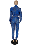 Deep Blue Casual Plaid Patchwork Turndown Collar Long Sleeve Two Pieces