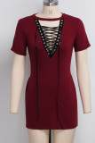 Wine Red nylon Fashion Sexy adult Ma'am Black Wine Red Cap Sleeve Short Sleeves V Neck Pencil Dress Knee-Length Patchwork Solid Dresses