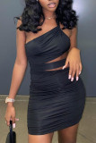 Black Fashion Sexy Hollowed Out Backless One Shoulder Sleeveless Dress