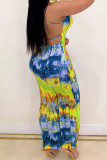 Green Fashion Sexy adult Ma'am Off The Shoulder Sleeveless Slip Step Skirt Ankle-Length Print Tie and dye Dresses