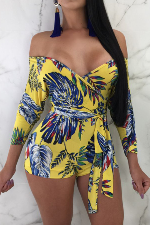 Yellow Sexy Print Patchwork With Belt Bateau Neck Skinny Rompers
