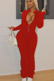 Red Sexy Solid Patchwork Zipper Collar Skinny Jumpsuits