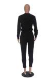 Black Lightly cooked Fashion adult Solid Sequin Patchwork Two Piece Suits Zippered pencil Long S