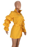 Yellow Fashion Sexy lantern sleeve Long Sleeves Turndown Collar skirt fastener Club Dresses