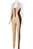 Khaki Fashion Sexy Patchwork Backless Halter Skinny Jumpsuits
