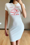 White Fashion Casual Regular Sleeve Short Sleeve O Neck Short Sleeve Dress Knee Length Print Dresses