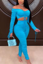 Blue Fashion Sexy Adult Polyester Solid Fold Bateau Neck Long Sleeve Off The Shoulder Short Two Pieces