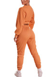 Orange Fashion Adult Living Polyester Solid Split Joint O Neck Long Sleeve Regular Sleeve Short Two Pieces