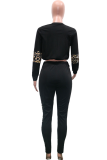 Black Casual Leopard Patchwork O Neck Long Sleeve Two Pieces