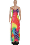 Red Fashion Sexy Spaghetti Strap Sleeveless Slip Pleated Floor-Length Print asymmetrical Patchwork