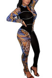 Black Fashion Street Adult Twilled Satin Patchwork Print Split Joint O Neck Skinny Jumpsuits