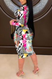 Blue Sweet Print Split Joint V Neck Pencil Skirt Dresses