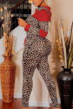 Red Sexy Leopard Patchwork Hooded Collar Long Sleeve Two Pieces