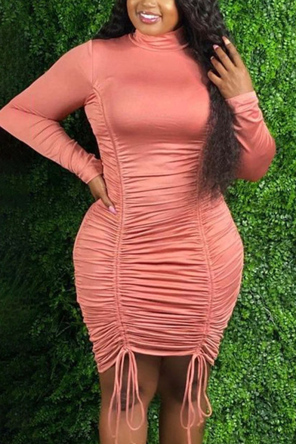 Pink Sexy Solid Fold O Neck Wrapped Skirt Plus Size