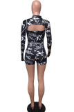 Black street Print letter Backless Hollow Blend Long Sleeve Turtleneck Rompers