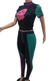 Multicolor Casual Print Patchwork O Neck Short Sleeve Two Pieces