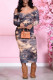 Brownness Sexy Casual Print Patchwork Tie-dye V Neck Pencil Skirt Dresses