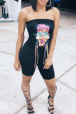 Red Sexy Casual Print Backless Strapless Skinny Romper