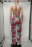 Purple Fashion Sexy Print Backless Strap Design Halter Sleeveless Two Pieces