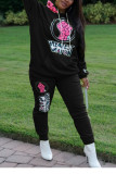 Grey Work Daily Letter Print Hooded Collar Long Sleeve Two Pieces