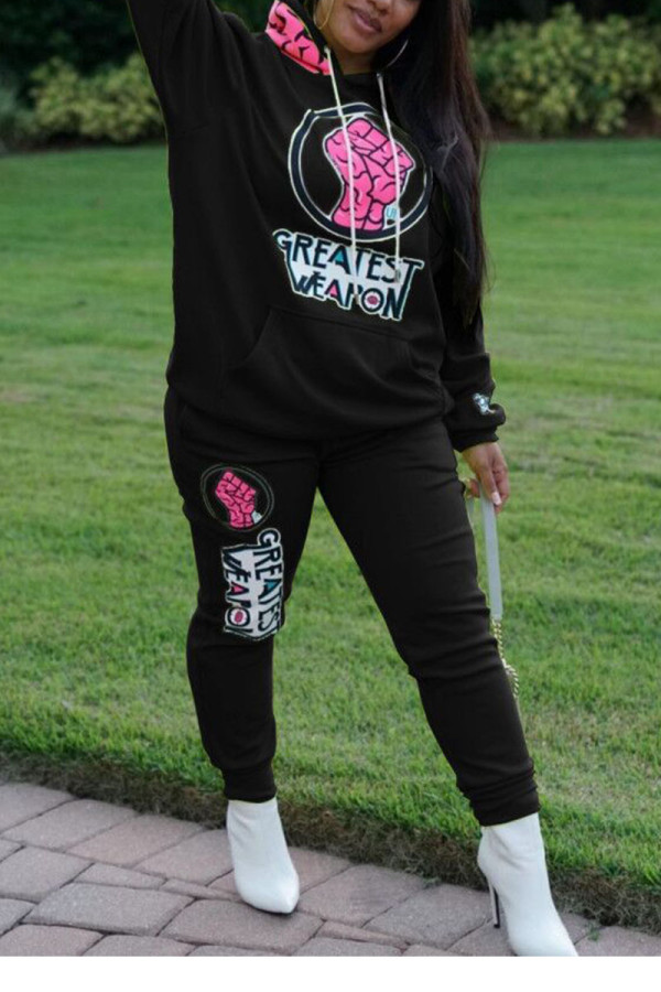 Black Work Daily Letter Print Hooded Collar Long Sleeve Two Pieces