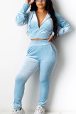 Baby Blue Sexy Polyester Gradual Change Solid Split Joint Hooded Collar Long Sleeve Regular Sleeve Short Two Pieces