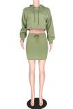Green Polyester Fashion adult Sexy Two Piece Suits Bandage Solid Hip skirt Long Sleeve