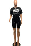 Black venetian Fashion Sexy adult Ma'am Letter Print Two Piece Suits Straight Short Sleeve Two Pieces