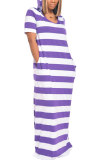 Blue Fashion Casual adult Black Grey Blue Green Pink Orange purple Short Sleeves Hooded A-Line Floor-Length Striped Print Patchwork Dresses