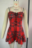 Red Fashion Sexy Plaid Print Backless Spaghetti Strap Sling Dress