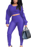 purple Street Solid Hollowed Out Patchwork O Neck Long Sleeve Hubble-Bubble Sleeve Short Two Pieces