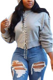 Grey Fashion Casual Adult Solid Frenulum O Neck Tops