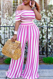 Pink Fashion Casual Striped Print Basic Oblique Collar Short Sleeve Two Pieces