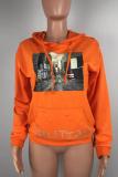 Orange O Neck Long Sleeve Hole Solid Print Long Sleeve Tops