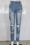 Light Blue Denim Zipper Fly Mid Solid Hole washing pencil Pants Bottoms