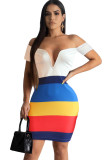 Multi-color Casual Off The Shoulder Short Sleeves V Neck Step Skirt Knee-Length Striped Patchwork Colo