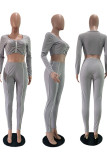Grey Casual Solid Patchwork O Neck Long Sleeve Two Pieces
