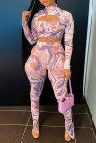 Pink Fashion Sexy Print Hollowed Out Turtleneck Long Sleeve Two Pieces