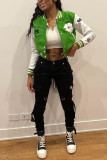 Green Fashion Casual Patchwork Embroidered Mandarin Collar Outerwear