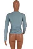 Light Blue Polyester O Neck Long Sleeve Bandage Patchwork Solid Long Sleeve Tops