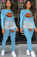 Light Blue Polyester Fashion Casual adult Ma'am Print Two Piece Suits pencil Long Sleeve Two Pieces