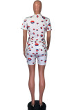 White Fashion OL Print Two Piece Suits Straight Short Sleeve Two Pieces