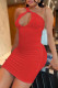 Red Fashion Sexy Solid Hollowed Out Backless One Shoulder Sleeveless Dress