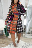 Orange Work Daily Plaid Patchwork With Belt Turn-back Collar Outerwear