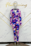 Multicolor Street Print Patchwork Turndown Collar Long Sleeve Two Pieces